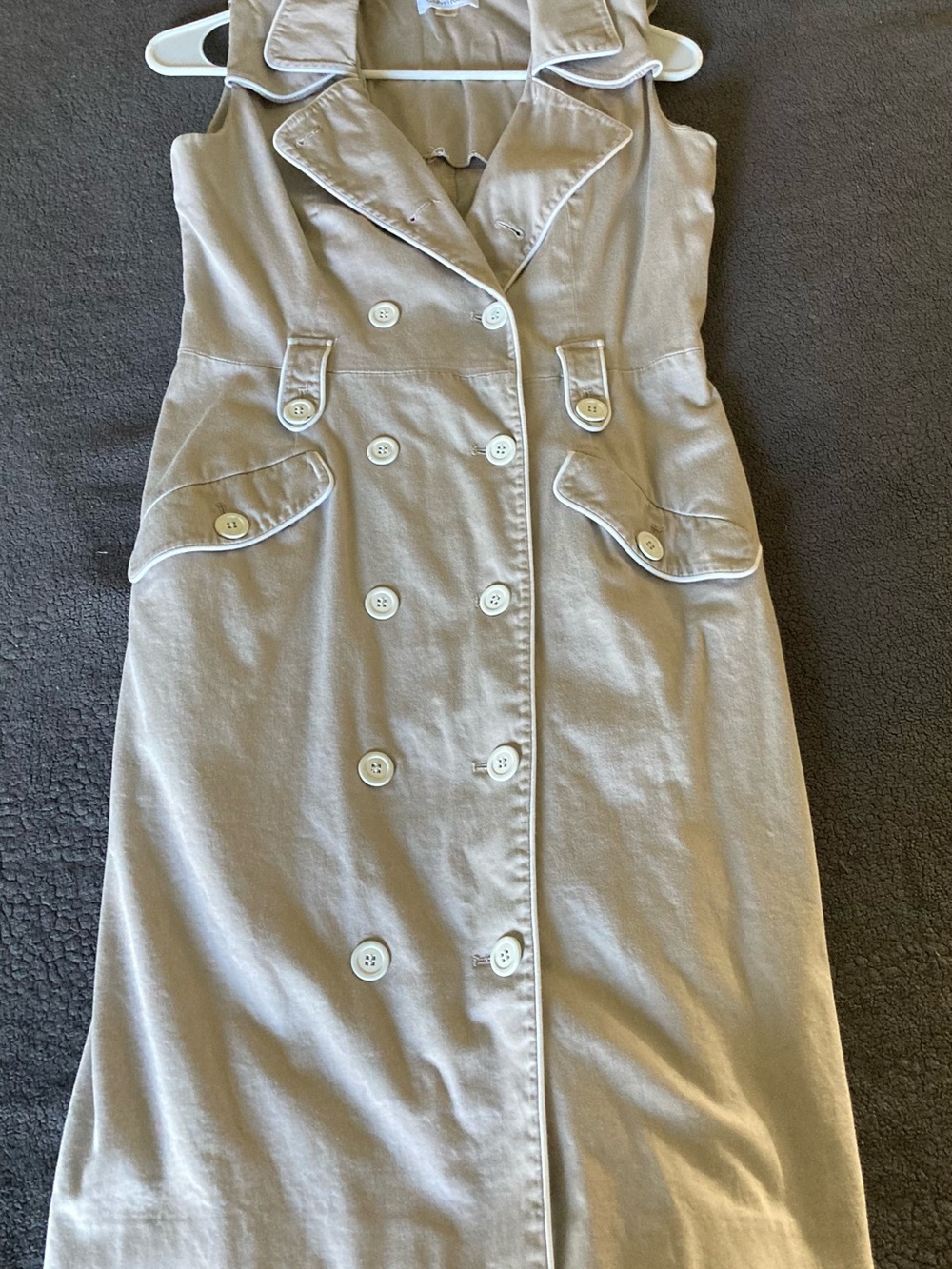 Calvin Klein Sleeveless Trench Dress in Tan with White Piping
